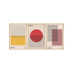 Tableau abstrait – style Bauhaus, cadre bois (lot de 3)
